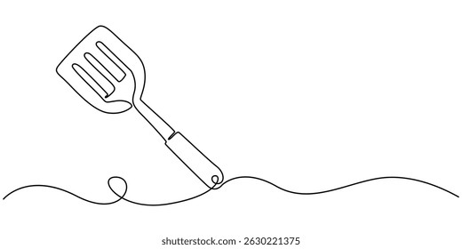 Espátula um desenho de linha, desenho de linha contínua de espátula. mínimo de espátula. Ferramenta de cozinha Linha contínua Arte. Contorno editável, desenho de linha contínua de espátula pendurada em fundo branco. 
