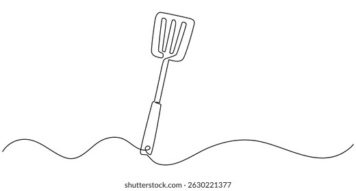 Espátula um desenho de linha, desenho de linha contínua de espátula. mínimo de espátula. Ferramenta de cozinha Linha contínua Arte. Contorno editável, desenho de linha contínua de espátula pendurada em fundo branco. 