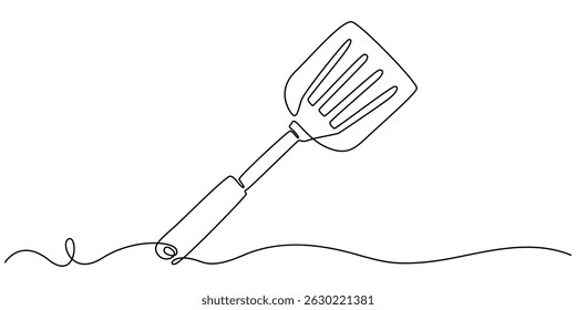 Espátula um desenho de linha, desenho de linha contínua de espátula. mínimo de espátula. Ferramenta de cozinha Linha contínua Arte. Contorno editável, desenho de linha contínua de espátula pendurada em fundo branco. 