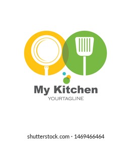 spatula and pan logo icon of cooking and kithen vector illustration