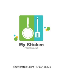 spatula and pan logo icon of cooking and kithen vector illustration