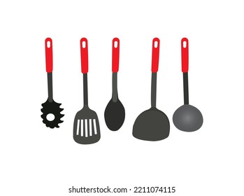 Spatula with plastic handle isolated kitchen utensil color line icon. Vector household dishware to mix. Lift flip food during cooking. Slotted metal Plastic spatula. Kitchen utensil kitchenware.