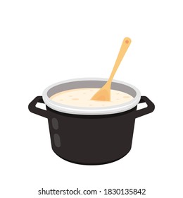 Espátula en el vector de la olla. Sopa blanca en vector de olla caliente.
