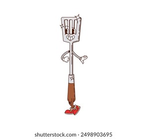 Spatula retro groovy barbeque grill character. Isolated cartoon vector bbq kitchen tool personage with cute happy face and expressive eyes, wearing gloves and sneakers ready for outdoor cooking party