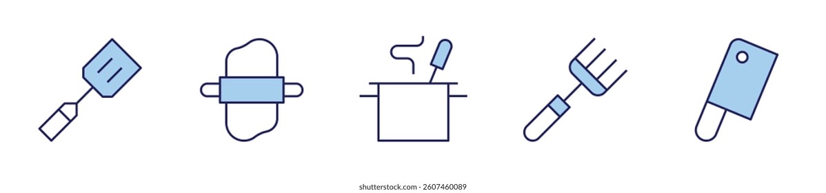 spatula, rolling pin, pot, fork, butcher. Utensil Icon vector illustration. Line Duotone style. Editable stroke.
