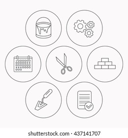 Spatula, scissors and bucket of paint icons. Brickwork linear sign. Check file, calendar and cogwheel icons. Vector