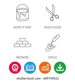 Spatula, scissors and bucket of paint icons. Brickwork linear sign. Award medal, growth chart and opened book web icons. Download arrow. Vector