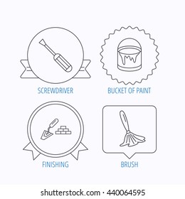 Spatula, screwdriver and paint brush icons. Brush linear sign. Award medal, star label and speech bubble designs. Vector