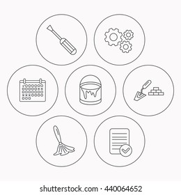 Spatula, screwdriver and paint brush icons. Brush linear sign. Check file, calendar and cogwheel icons. Vector
