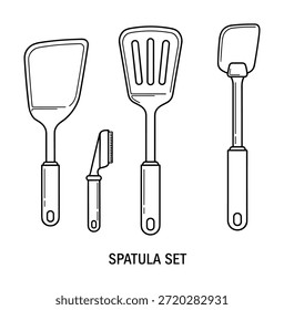 Spatula set vector outline illustration featuring flipper, turner and cooking tools. Kitchen equipment elements for cooking preparation.