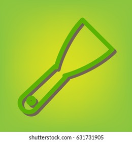 Spatula sign illustration. Vector. Green line icon with brown shadow at green-yellow background.