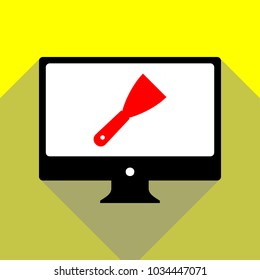Spatula sign illustration. Vector. Red icon on white monitor of black all-in-one desktop computer with two shadows at yellow background.
