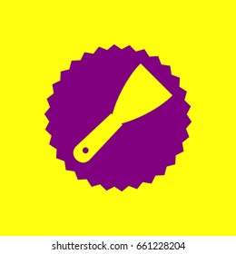 Spatula sign illustration. Vector. Violet label with hole as icon on yellow background.