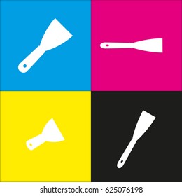 Spatula sign illustration. Vector. White icon with isometric projections on cyan, magenta, yellow and black backgrounds.