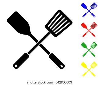 spatula and slotted kitchen spoon icon - vector colored set
