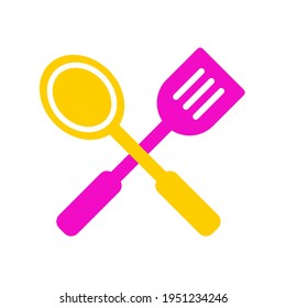 Spatula and soup ladle cross. Concept of cooking. Kitchen tools. Vector isolated on white.