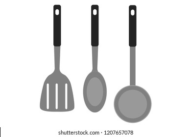 Spatula, spoon, and kitchen ladle.