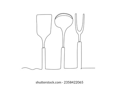 A spatula, stirring spoon, and fork. Cooking and kitchen tools one-line drawing