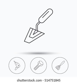 Spatula tool, drill and brush icons. Bolt linear sign. Linear icons in circle buttons. Flat web symbols. Vector