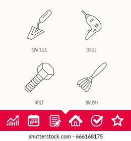 Spatula tool, drill and brush icons. Bolt linear sign. Edit document, Calendar and Graph chart signs. Star, Check and House web icons. Vector
