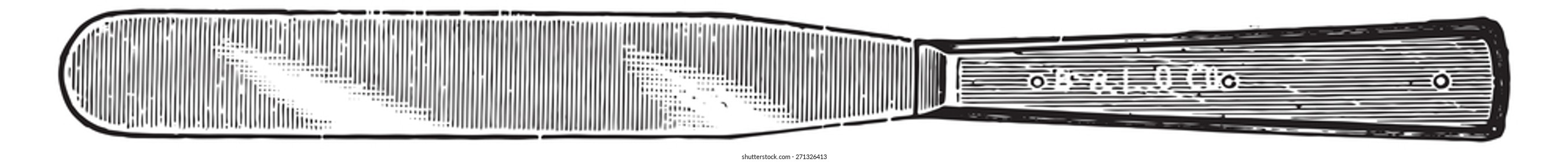 Spatula used for searing the surface of organs before making incisions into their interiors for obtaining culture material, vintage engraved illustration. 