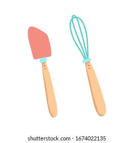 Spatula and whisk icons set. Kitchenware baking objects for print, textile, book, postcard, stickers. Vector illustration