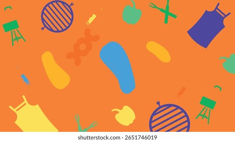 Spatulas, grills, aprons, and peppers float across an orange field in this dynamic, food-focused BBQ design background.