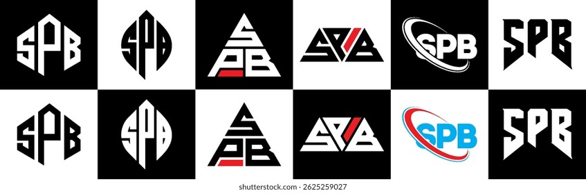 SPB letter logo design in six style. SPB polygon, circle, triangle, hexagon, flat and simple style with black and white color variation letter logo set in one artboard. SPB minimalist and classic logo