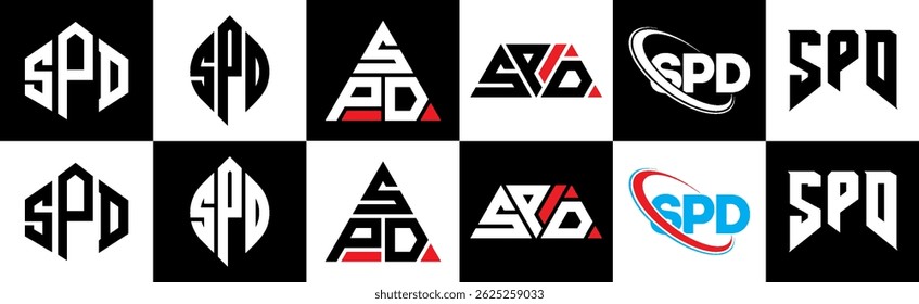 SPD diseño de la letra del logotipo en seis estilos. SPD polígono, círculo, triángulo, hexágono, estilo plano y simple con logo de letra de variación de color blanco y negro en una mesa de trabajo. Logotipo SPD minimalista y clásico