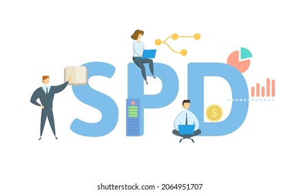 SPD, Descripción del plan de resumen. Concepto con palabras clave, personas e iconos. Ilustración vectorial plana. Aislado en blanco.