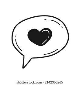 A speach bubble with a heart in a linear doodle style. Vector isolated illustration.
