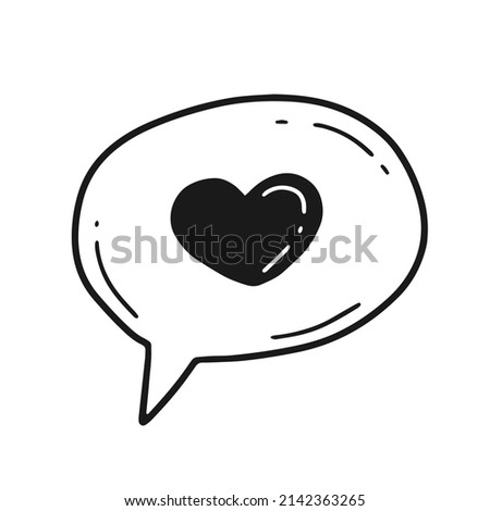 A speach bubble with a heart in a linear doodle style. Vector isolated illustration.