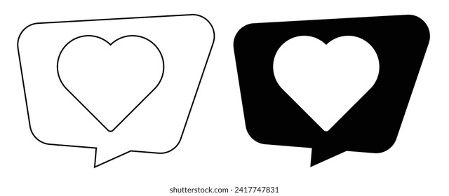 Speach bubble icon with heart shap, love, anniversary concept outline and fill. Vector isolated on transparent.