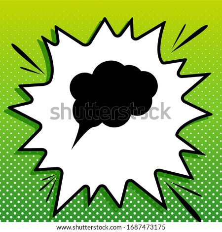 Speach bubble sign illustration. Black Icon on white popart Splash at green background with white spots. Illustration.