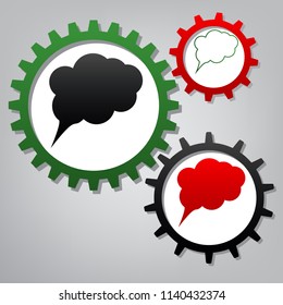 Speach bubble sign illustration. Vector. Three connected gears with icons at grayish background.