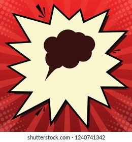 Speach bubble sign illustration. Vector. Dark red icon in lemon chiffon shutter bubble at red popart background with rays.
