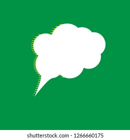 Speach bubble sign illustration. Vector. White flat icon with yellow striped shadow at green background.