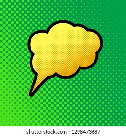 Speach Bubble Sign Illustration. Vector. Pop Art Orange To Yellow Dots-gradient Icon With Black Contour At Greenish Background.