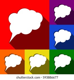 Speach bubble sign illustration. Vector. Set of icons with flat shadows at red, orange, yellow, green, blue and violet background.