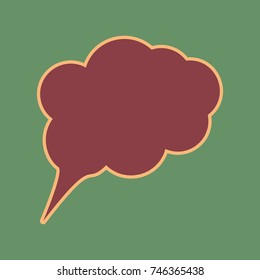 Speach bubble sign illustration. Vector. Cordovan icon and mellow apricot halo with light khaki filled space at russian green background.