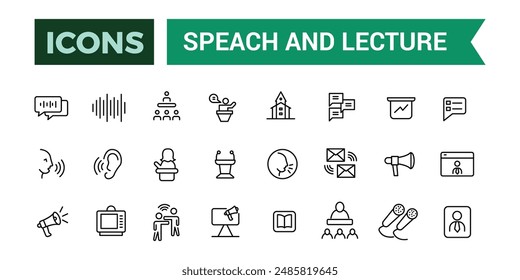 Los iconos de discurso y conferencia establecen el Vector de esquema. Paquete de iconos de esquema. Conjunto de iconos de línea de Vector editable e ilustración para el Web y la aplicación de IU.