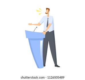 Speacker in front of microphone. Man giving speech behind the rostrum. Colorful flat vector illustration. Isolated on white background.