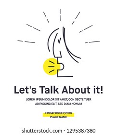 SPEAK UP Ad Template. Woman Protesting for Women rights, equality and inappropriate sexual behaviour towards women. Woman shouting line illustration
