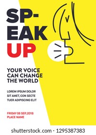 SPEAK UP Ad Template. Woman Protesting for Women rights, equality and inappropriate sexual behaviour towards women. Woman shouting line illustration