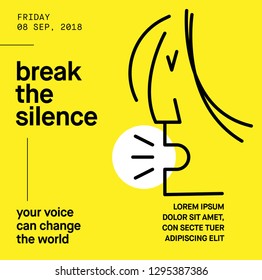 SPEAK UP Ad Template. Woman Protesting For Women Rights, Equality And Inappropriate Sexual Behaviour Towards Women. Woman Shouting Line Illustration