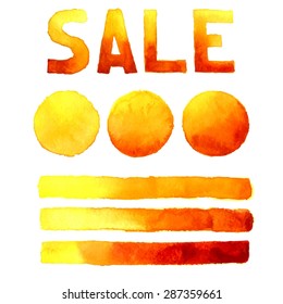 Speak bubbles, banner and  inscription sale red, yellow and orange watercolor set vector 