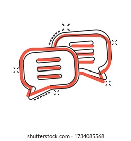 Speak chat sign icon in comic style. Speech bubbles cartoon vector illustration on white isolated background. Team discussion button splash effect business concept.
