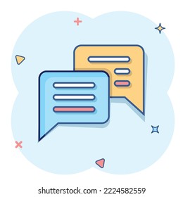 Speak chat sign icon in comic style. Speech bubbles cartoon vector illustration on white isolated background. Team discussion button splash effect business concept.