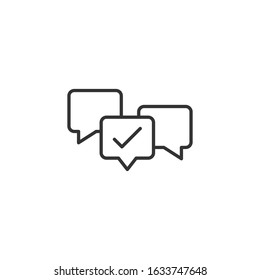 Speak chat sign icon in flat style. Speech bubble with check mark vector illustration on white isolated background. Team discussion button business concept.
