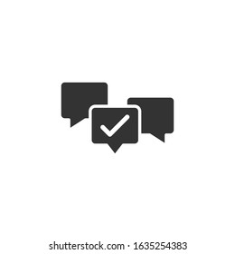 Speak chat sign icon in flat style. Speech bubble with check mark vector illustration on white isolated background. Team discussion button business concept.